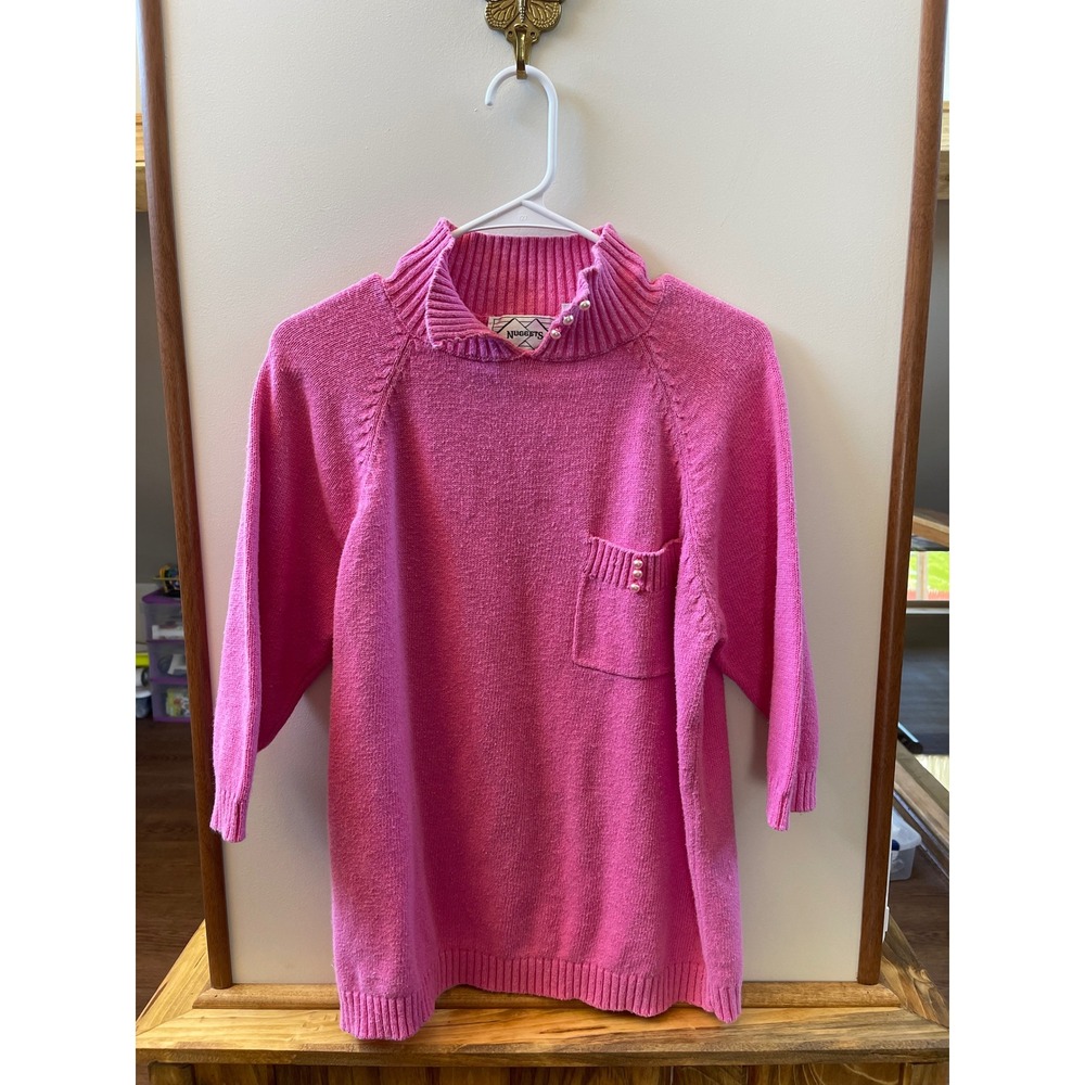 Nuggets Vintage Pink Pearl Trim Mock Neck Sweater Womens Medium Ramie Cotton 80s